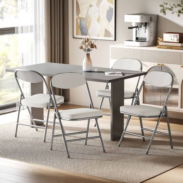 HOMCOM Folding Chairs Set of 4 with Cushioned Seat, Steel Frame in Off-White - image 1
