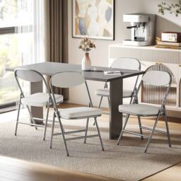 HOMCOM Folding Chairs Set of 4 with Cushioned Seat, Steel Frame in Off-White - thumbnail 1