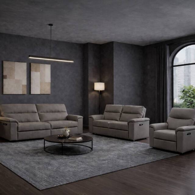 Aspire Marlowe Real Leather Power Recliner 3+2+1 Sofa Set with USB Charging in Grey - image 1