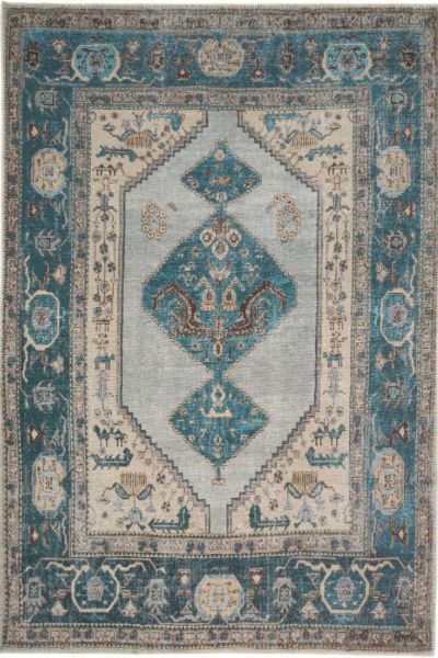 Kukoon Teal Blue Distressed Bordered Medallion Non Slip Washable Low Pile Rug - Size: 60 cm x 240 cm - image 1