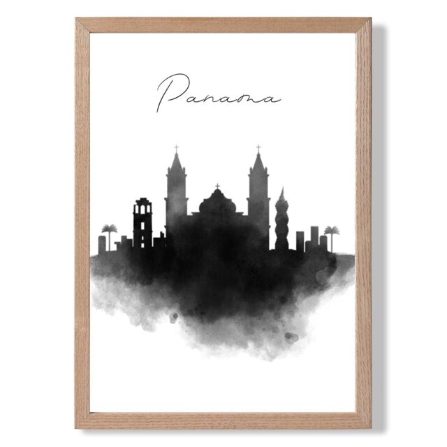 ARTZE Panama Watercolour Skyline City Framed Print SIZE: A3 with Oak Frame in Black - Size: A4 - image 1