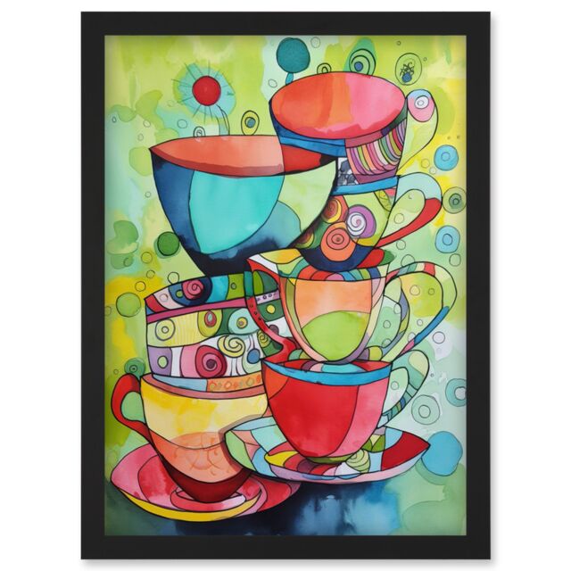 Artery8 Abstract Tea Cups Folk Art Kitchen Artwork Framed Wall Art Print A4 in Black - image 1