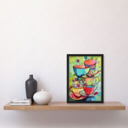 Artery8 Abstract Tea Cups Folk Art Kitchen Artwork Framed Wall Art Print A4 in Black - thumbnail 2