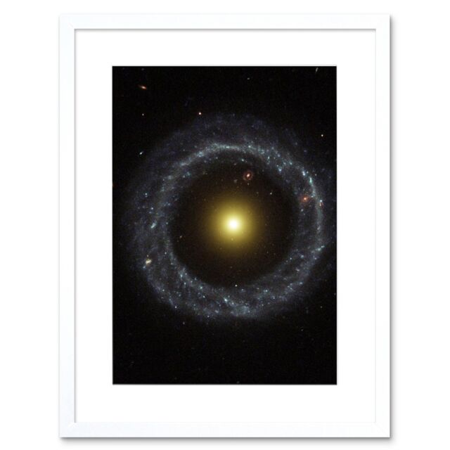 Artery8 Wall Art Print Hubble Space Astronomy Ring Of Hot Blue Stars Pinwheels Around Yellow Nucleus Of Hoag's Object Galaxy Artwork Framed 9X7 Inch - image 1