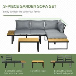 OUTSUNNY 3PCs Patio Furniture Set w/ Cushions, Wood Grain Plastic Top Table in Dark Grey - thumbnail 4