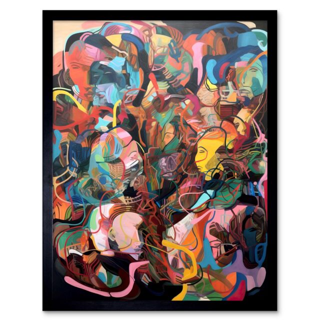 "Artery8 Wall Art Print Human Relationships Multicoloured Abstract Crowd Art Framed in Black - Size: W12"" x H16""" - image 1