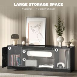 HOMCOM Marble Effect TV Stand Cabinet with Glass Shelf for 55 Inch TVs in Black - Size: 150 cm x 35 cm - thumbnail 6