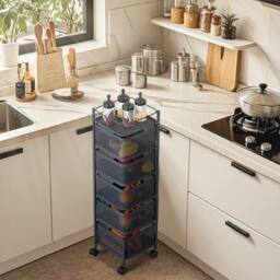 VOGREX 5 Tier Kitchen Rotating Storage Trolley Utility in Black - thumbnail 4
