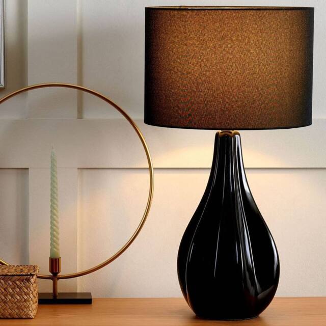 Wyld and Coco Glamour Table Lamp Black Porcelain Teardrop Base Drum Shade 60cm - image 1