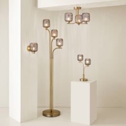 ValueLights Amelie Gold Stem 3 Way Ribbed Glass Lamp Floor Light with LED Bulbs - thumbnail 6