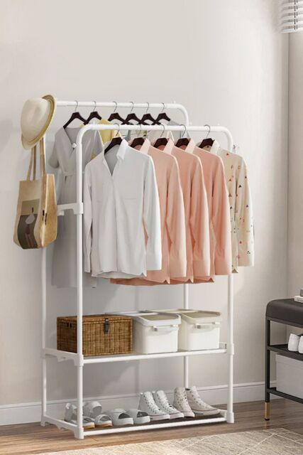 Living and Home Double Rod Metal Clothes Rack Garment Rack Holder with 2 Shelves in White - image 1