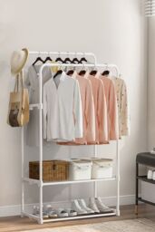 Living and Home Double Rod Metal Clothes Rack Garment Rack Holder with 2 Shelves in White - thumbnail 1