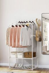 Living and Home Double Rod Metal Clothes Rack Garment Rack Holder with 2 Shelves in White - thumbnail 2