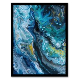 "Artery8 Liquid Paint Teal Blue Yellow Abstract Painting Framed Art Print - Size: W12"" x H16""" - thumbnail 1