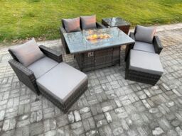 Fimous Outdoor Garden Dining Sets 6 Seater Rattan Patio Furniture Sofa Set with Gas Firepit Table 2 Big Footstool in Dark Grey - thumbnail 2