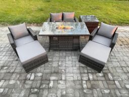 Fimous Outdoor Garden Dining Sets 6 Seater Rattan Patio Furniture Sofa Set with Gas Firepit Table 2 Big Footstool in Dark Grey - thumbnail 1