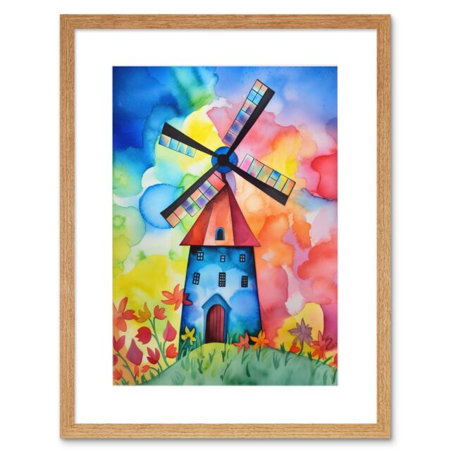 "Artery8 Wall Art Print Watercolour Windmill Netherlands Folk Artwork Framed 9X7 Inch in Beige - Size: W7"" x H9""" - image 1