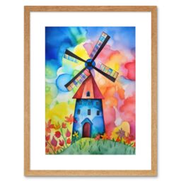 "Artery8 Wall Art Print Watercolour Windmill Netherlands Folk Artwork Framed 9X7 Inch in Beige - Size: W7"" x H9""" - thumbnail 1