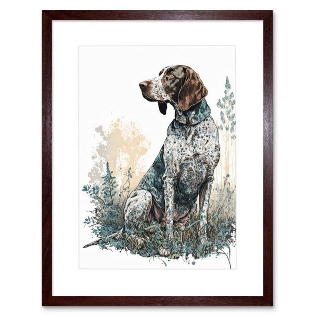 "Artery8 Wall Art Print German Pointer Dog Sitting in Field Modern Detailed Artwork Framed 9X7 Inch in Brown - Size: W7"" x H9""" - image 1