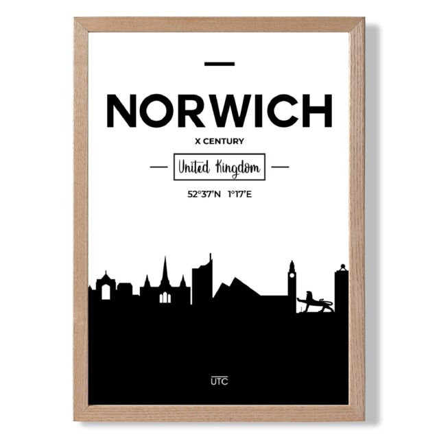ARTZE Norwich Black & White City Skyline Framed Print SIZE: A3 with Oak Frame - Size: A4 - image 1
