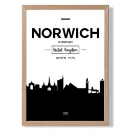 ARTZE Norwich Black & White City Skyline Framed Print SIZE: A3 with Oak Frame - Size: A4