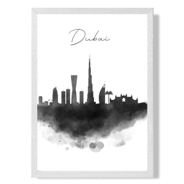 ARTZE Dubai Watercolour Skyline City Framed Print SIZE: A2 with White Frame in Black - Size: A4 - image 1