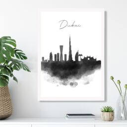 ARTZE Dubai Watercolour Skyline City Framed Print SIZE: A2 with White Frame in Black - Size: A4 - thumbnail 2