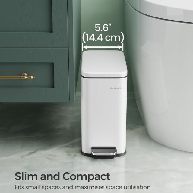SONGMICS Small Pedal Bathroom Bin with Soft Close Lid Steel Slim Space in White - image 1