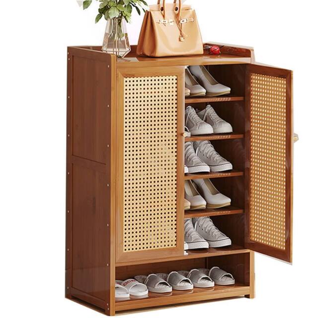 VOGREX Wooden Shoe Cabinet with Double Rattan Doors Storage UK in Brown - image 1