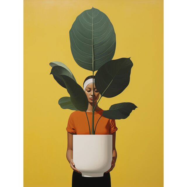 Artery8 Wall Art Print Rubber Tree Showcase Realistic Oil Painting Yellow Orange Green Woman with Plant Pot Minimalist Artwork Poster - image 1