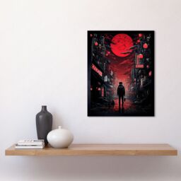 "Artery8 Wall Art Print Midnight Blood Moon in Tokyo Conceptual Artwork Gothic Street Japan Cityscape Art Framed in Black - Size: W12"" x H16""" - thumbnail 2