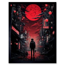 "Artery8 Wall Art Print Midnight Blood Moon in Tokyo Conceptual Artwork Gothic Street Japan Cityscape Art Framed in Black - Size: W12"" x H16""" - thumbnail 1