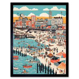 "Artery8 Wall Art Print Brighton Beach Warm Summer Day Colourful Scene Art Framed in Black - Size: W12"" x H16""" - thumbnail 1