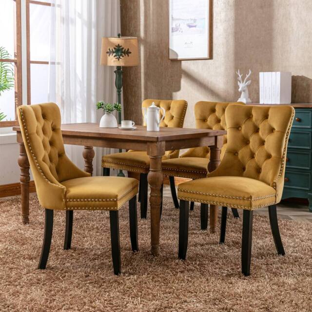 Modern Home Touch Romsey Set of 4 Velvet Upholstered Dining Chairs with Oak Legs & Knocker Ring Back in Yellow - Size: 4 Pack - image 1