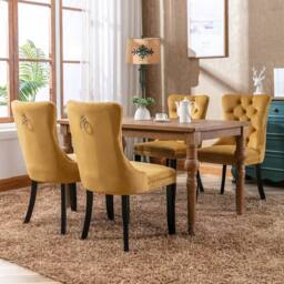 Modern Home Touch Romsey Set of 4 Velvet Upholstered Dining Chairs with Oak Legs & Knocker Ring Back in Yellow - Size: 4 Pack - thumbnail 2