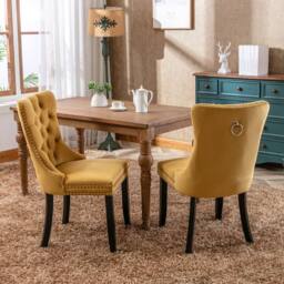 Modern Home Touch Romsey Set of 4 Velvet Upholstered Dining Chairs with Oak Legs & Knocker Ring Back in Yellow - Size: 4 Pack - thumbnail 4