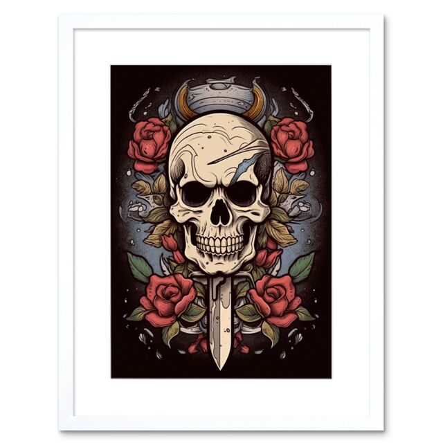"Artery8 Wall Art Print Skull Dagger & Roses Tattoo Ink Body Art Rockabilly Americana 50s Artwork Framed 9X7 Inch in White - Size: W7"" x H9""" - image 1