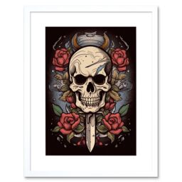 "Artery8 Wall Art Print Skull Dagger & Roses Tattoo Ink Body Art Rockabilly Americana 50s Artwork Framed 9X7 Inch in White - Size: W7"" x H9""" - thumbnail 1