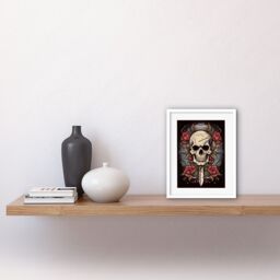"Artery8 Wall Art Print Skull Dagger & Roses Tattoo Ink Body Art Rockabilly Americana 50s Artwork Framed 9X7 Inch in White - Size: W7"" x H9""" - thumbnail 2