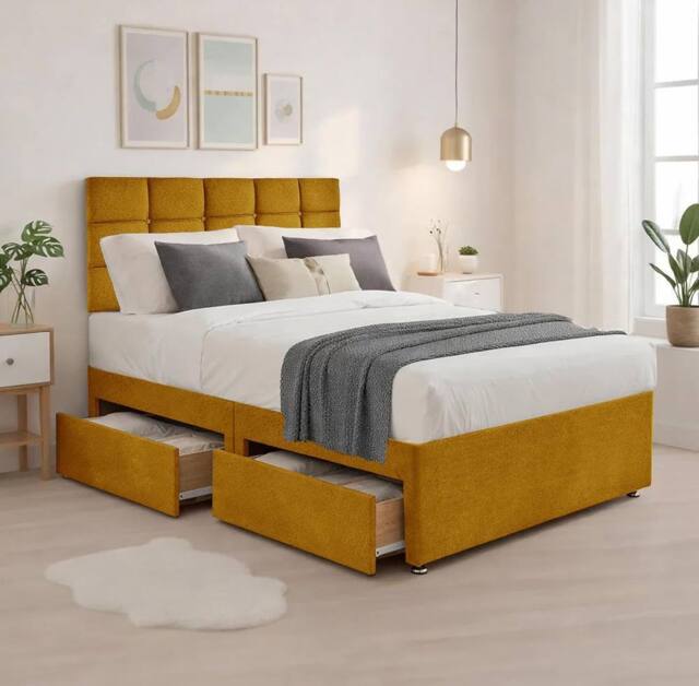 "Bed Time UK Plush Divan Bed with Mattress, 20"" Cubic Headboard & 2 Drawers in Yellow - Size: Single" - image 1