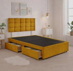 "Bed Time UK Plush Divan Bed with Mattress, 20"" Cubic Headboard & 2 Drawers in Yellow - Size: Single" - thumbnail 2