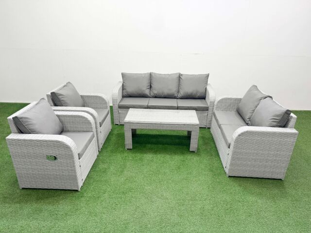 Fimous PE Rattan Garden Furniture Set Adjustable Chair Sofa Double Love Seat 2 Seater Sofa Lounge Set Rectangular Coffee Table Light Grey - image 1