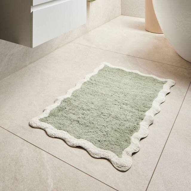 Wyld and Coco Cotton Bath Mat Green Beige 60 x 90 cm Geometric Fluffy - Size: 1600mm x 900mm - image 1
