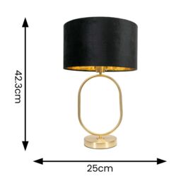 ValueLights Antonia Black Velvet & Gold Drum Lamp Shade Brushed Gold Oval Table Lamp - thumbnail 8