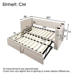 BTM Linen Daybed with Cup Holders, Charging Station & Trundle Bed in Beige - thumbnail 2