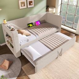 BTM Linen Daybed with Cup Holders, Charging Station & Trundle Bed in Beige - thumbnail 9