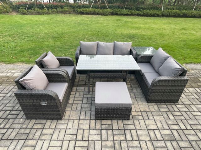 Fimous Dark Grey Wicker Rattan Garden Furniture Set Reclining Chair Love Sofa 2 Seater Sofa Set Outdoor Rectangular Dining Table Side Table 8 Seater - image 1