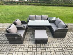 Fimous Dark Grey Wicker Rattan Garden Furniture Set Reclining Chair Love Sofa 2 Seater Sofa Set Outdoor Rectangular Dining Table Side Table 8 Seater - thumbnail 1