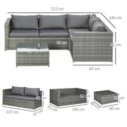 OUTSUNNY 3 Pcs Rattan Corner Sofa Set Coffee Table Garden Furniture w/ Cushion in Grey - thumbnail 3