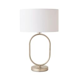 ValueLights Antonia Fabric Drum Lamp Shade Brushed Chrome Oval Table Lamp & Bulb in White - thumbnail 3